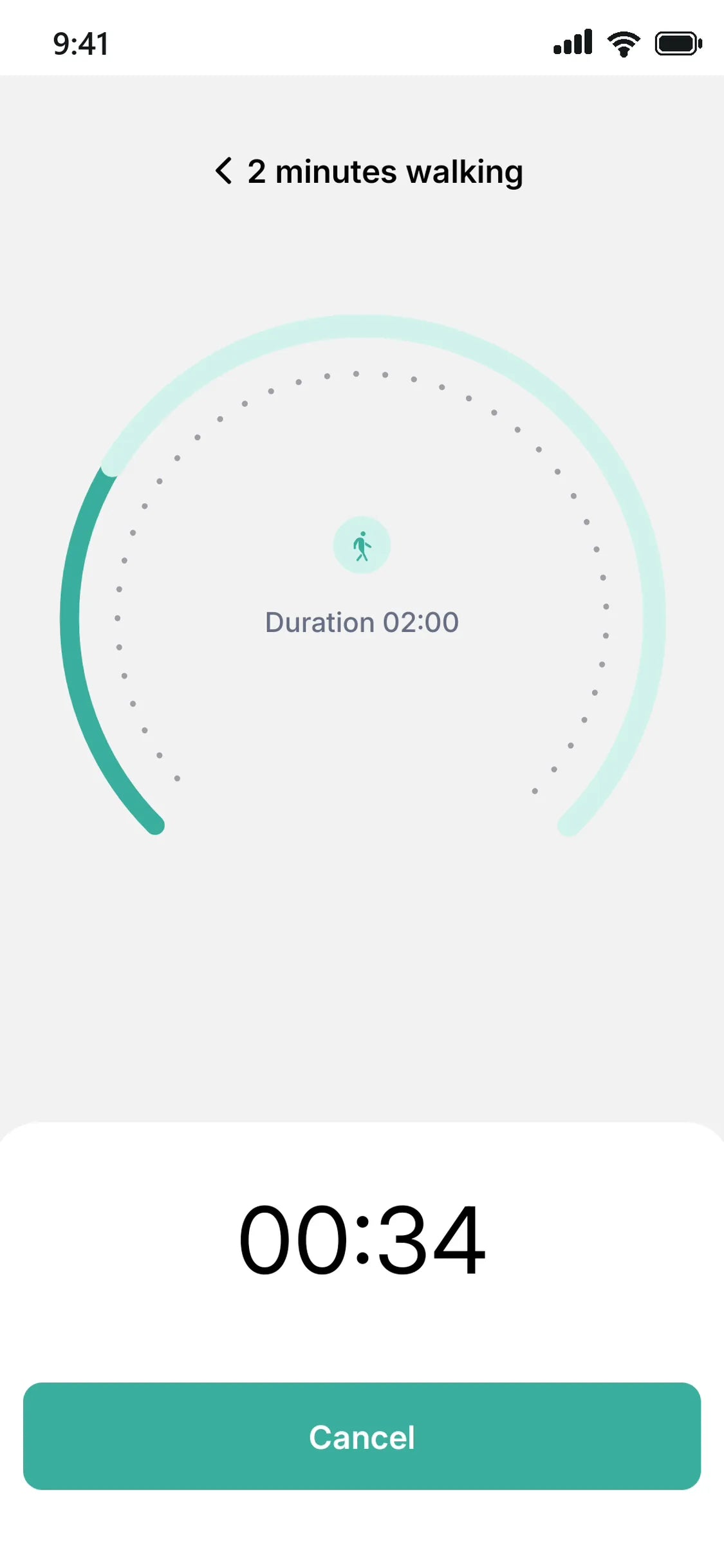 A walk test running, the ring filling towards two minutes.