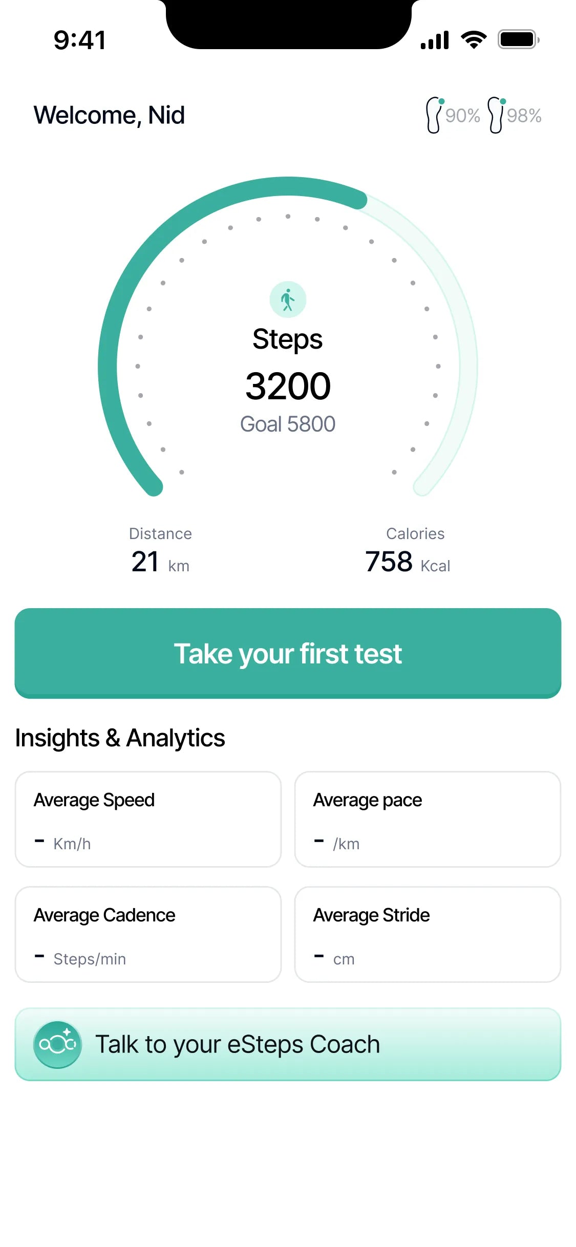 The eSteps app home screen: today's steps against a goal, and a button to start a walk test.