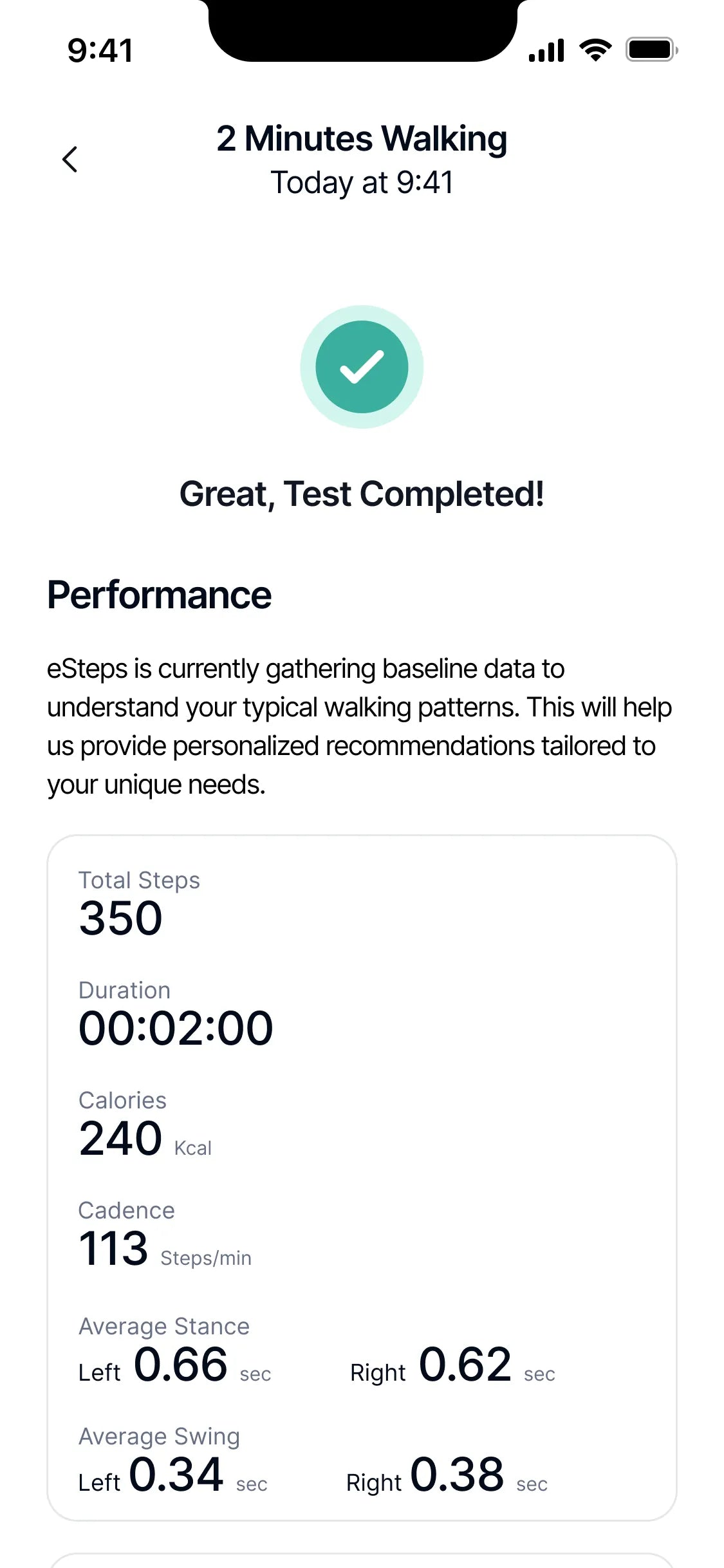 Walk test results: steps, duration, cadence and stance and swing time for each foot.