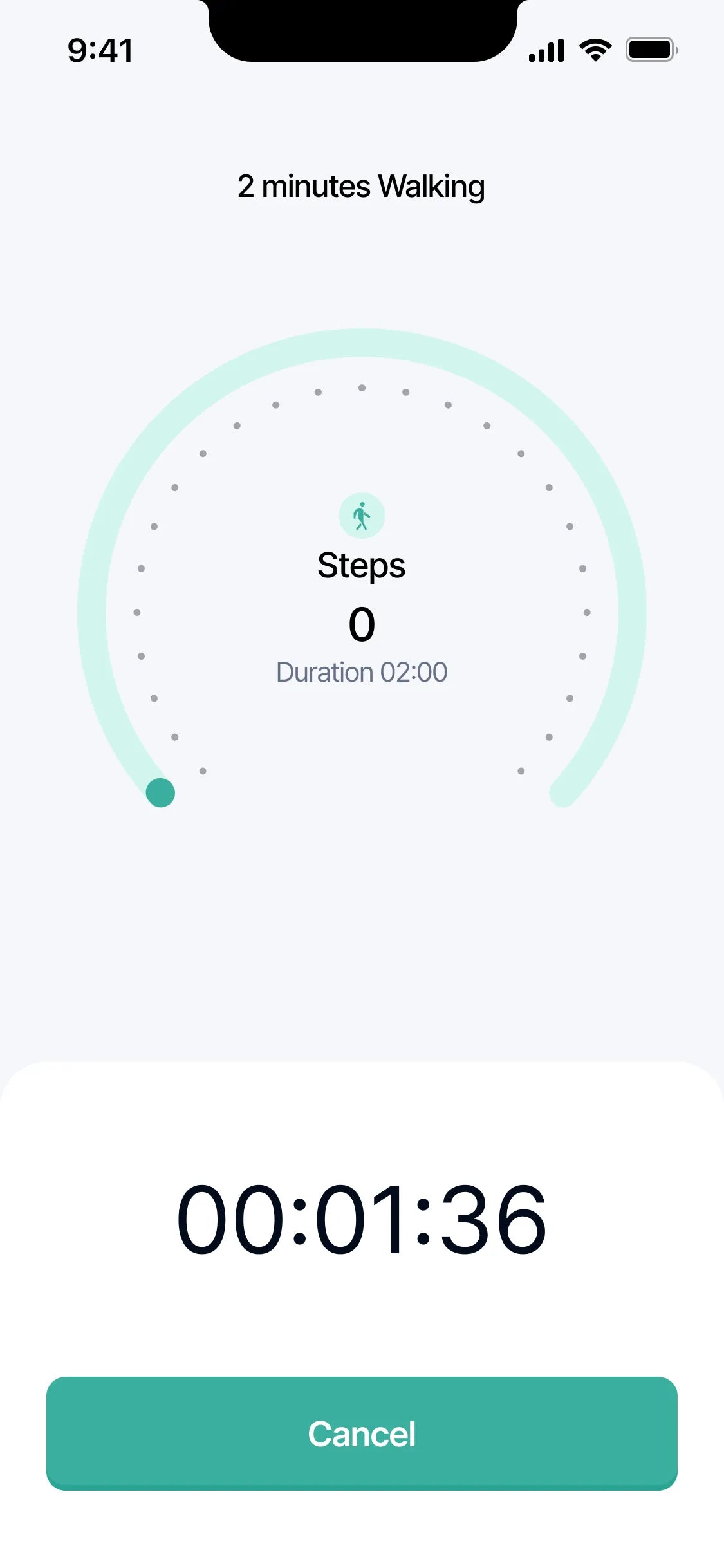A walk test running, counting down from two minutes.
