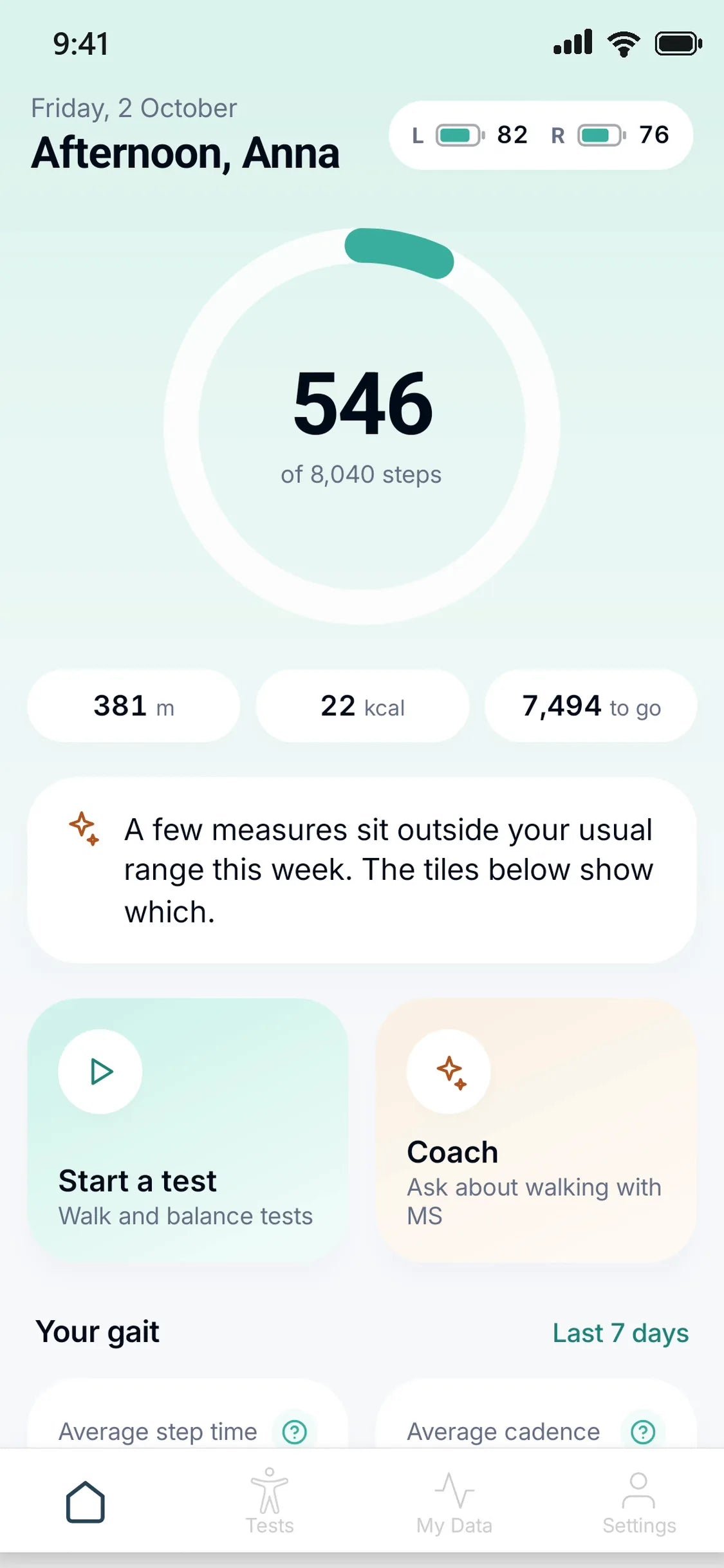The eSteps app home screen: today's steps against a goal, and a button to start a walk test.