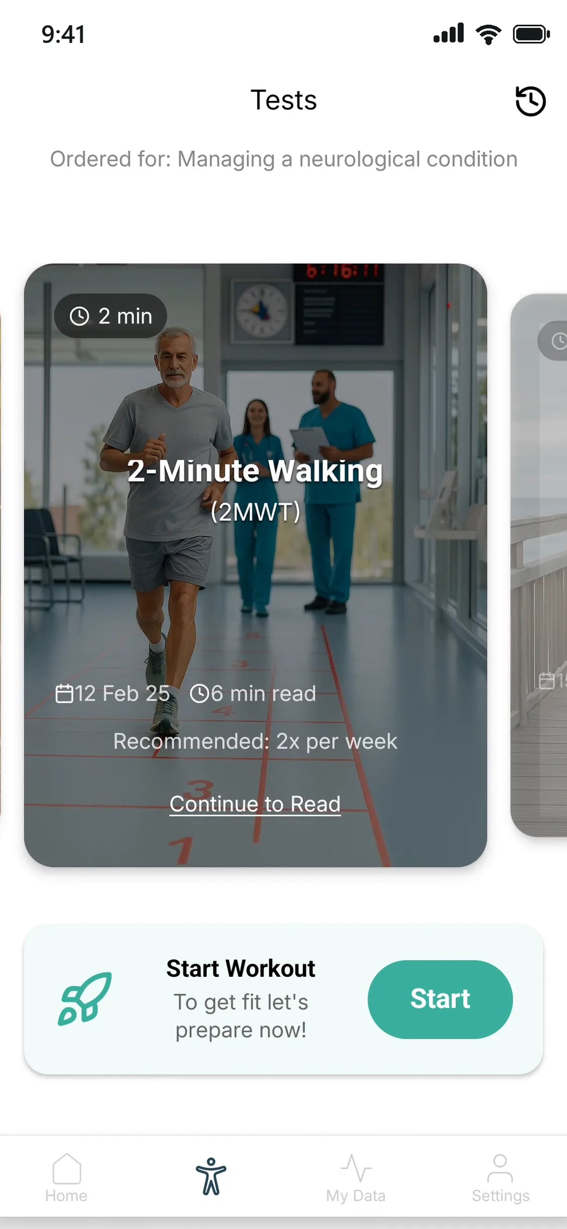 The Tests tab, ordered for you, with a two-minute walk test ready to start.