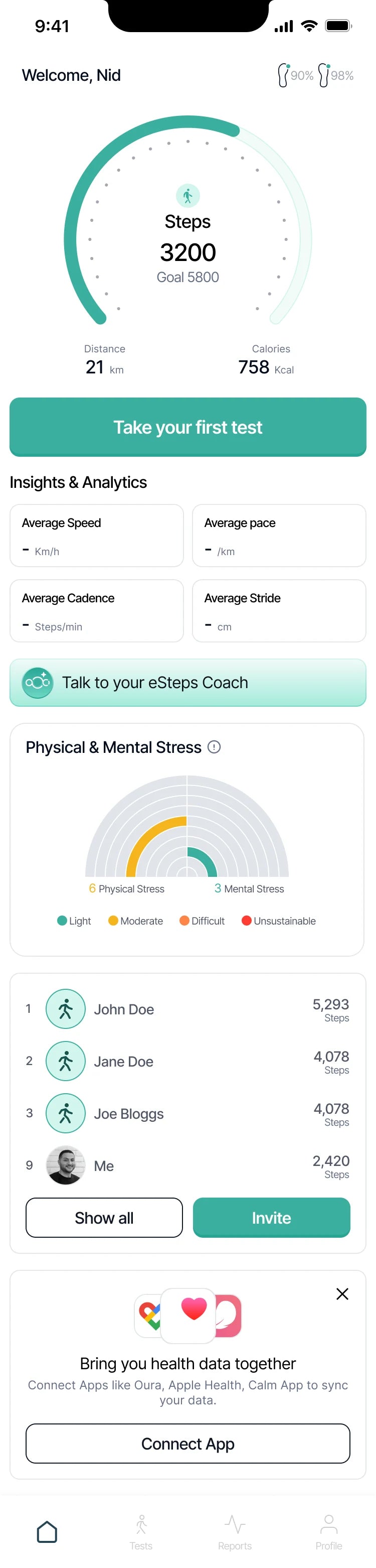 The eSteps app home screen: today's steps against a goal, distance and calories, a button to start a walk test, and average speed, pace, cadence and stride.