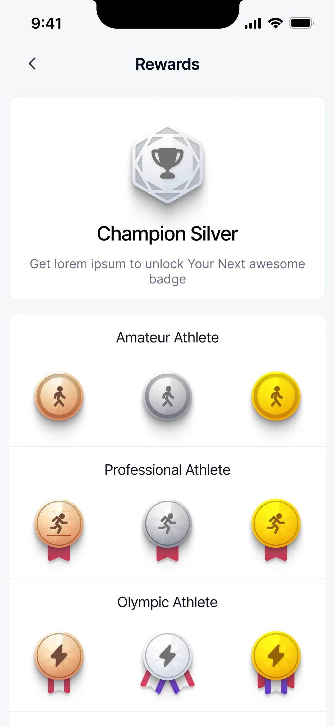 Rewards: Champion Silver, then the badge tiers from Amateur Athlete upward.