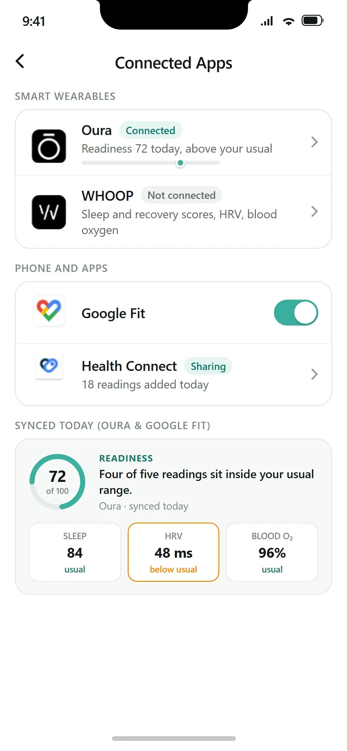 Connected Apps screen showing paired smart wearables like Oura and WHOOP with synced daily readiness.