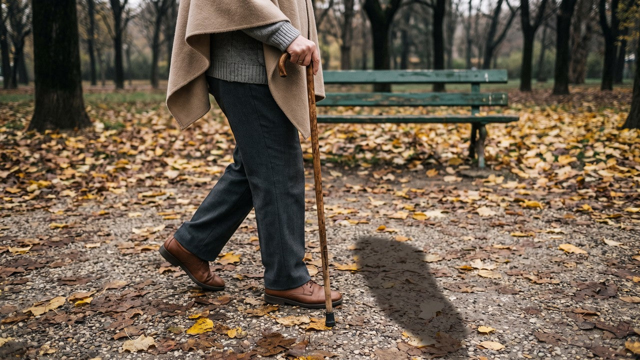 An older person walking through a park in autumn with a cane, seen from the waist down.