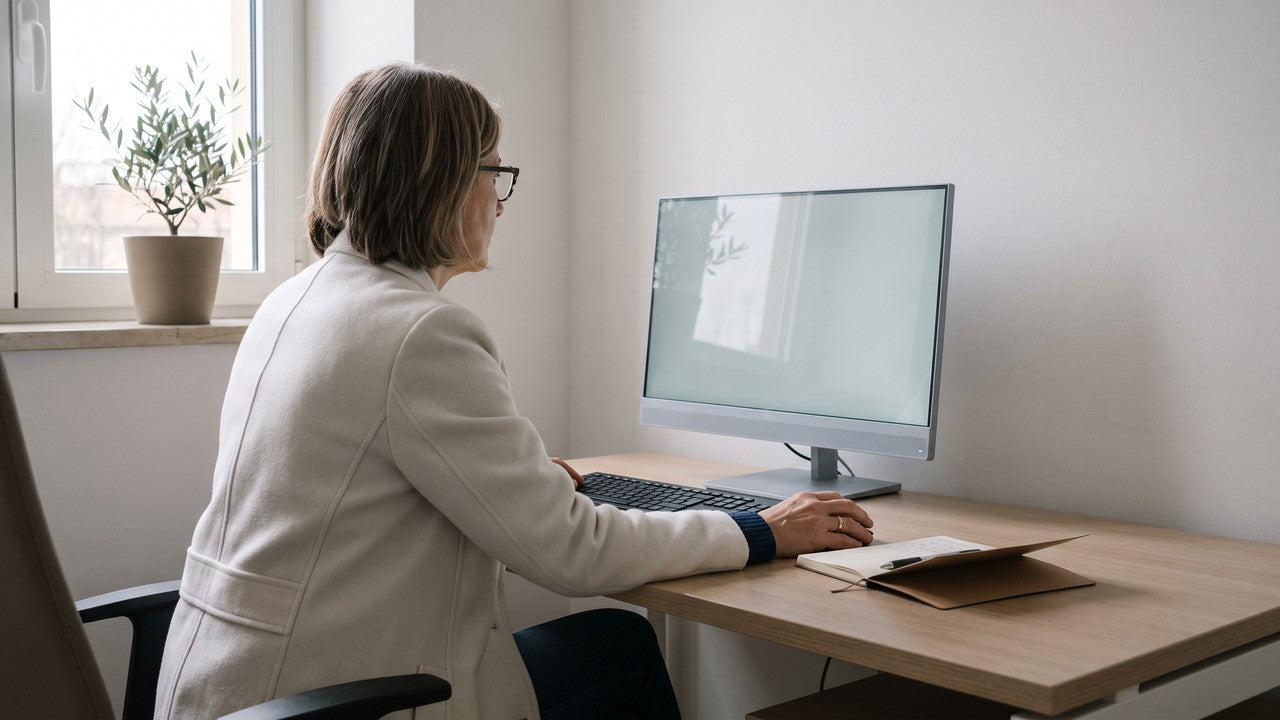 A clinician at a desk reviewing a patient's mobility trends on a monitor
