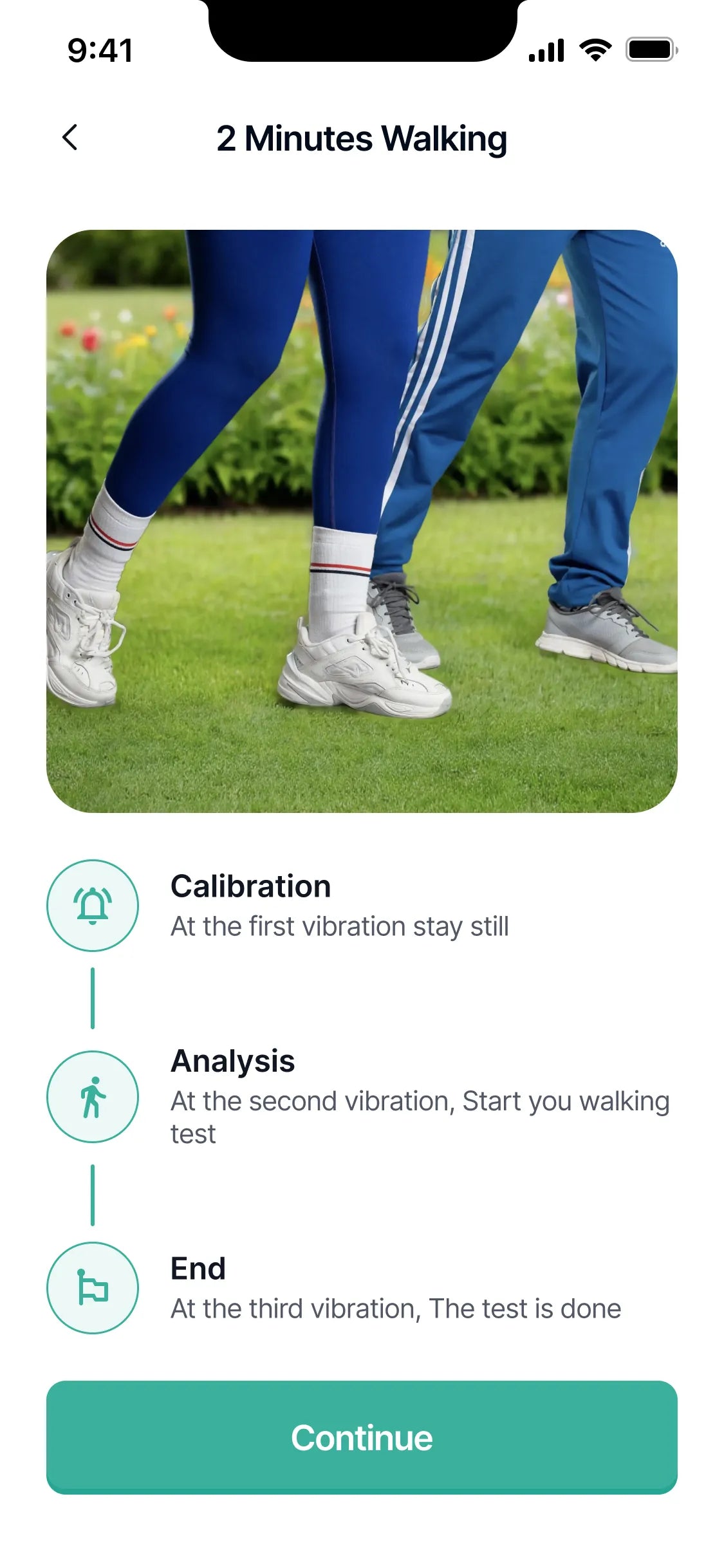 Setting up a two minute walk test: calibrate, walk, stop, each cued by a vibration.