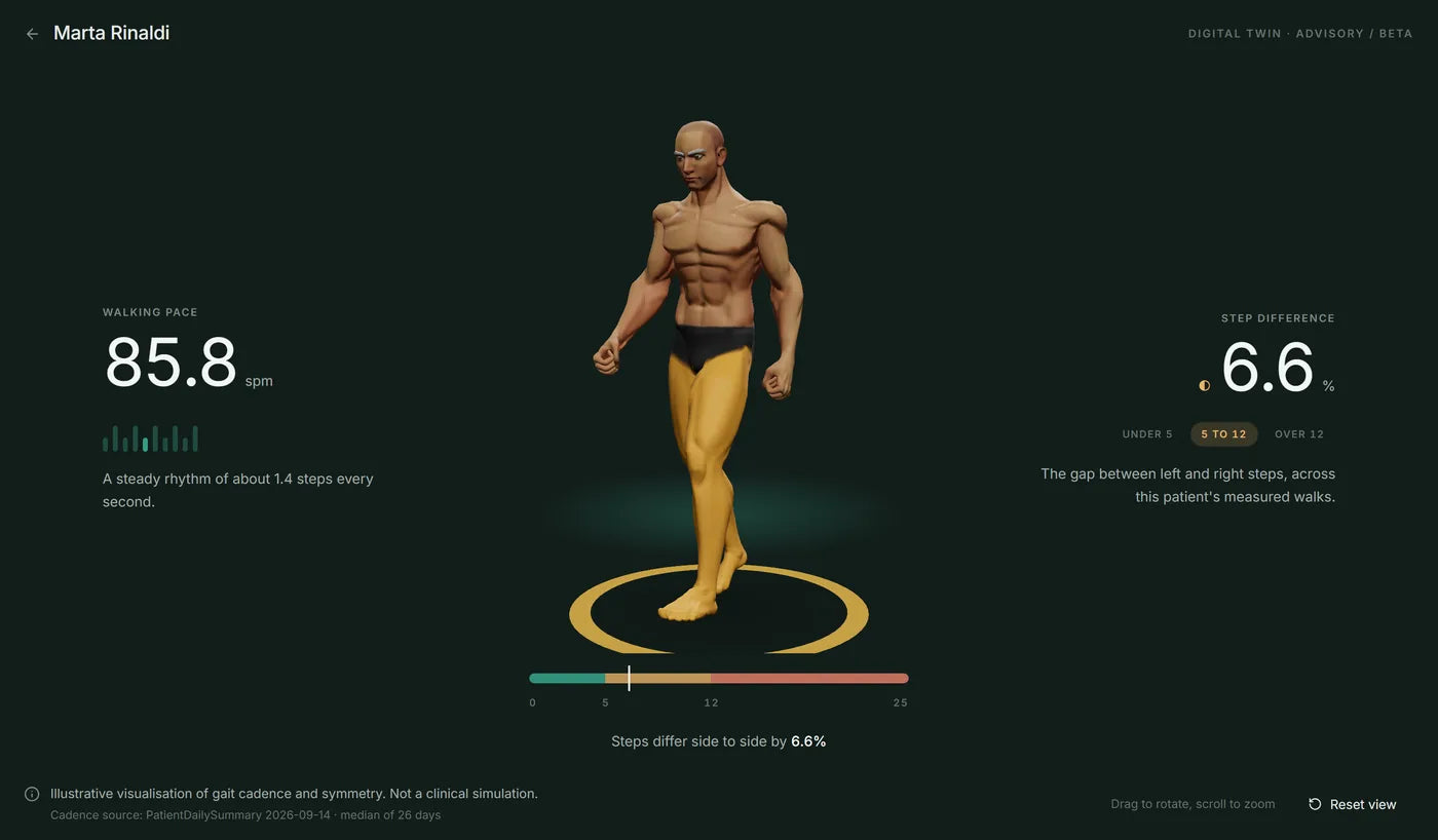 Digital twin: a walking figure with the patient's walking pace and the difference between left and right steps.